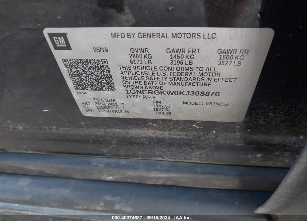 2019 CHEVROLET TRAVERSE 1LT VIN: 1GNERGKW0KJ308876