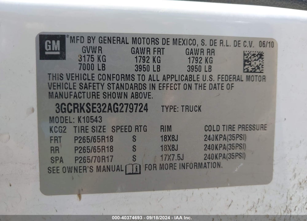 2010 CHEVROLET SILVERADO 1500 LT VIN: 3GCRKSE32AG279724