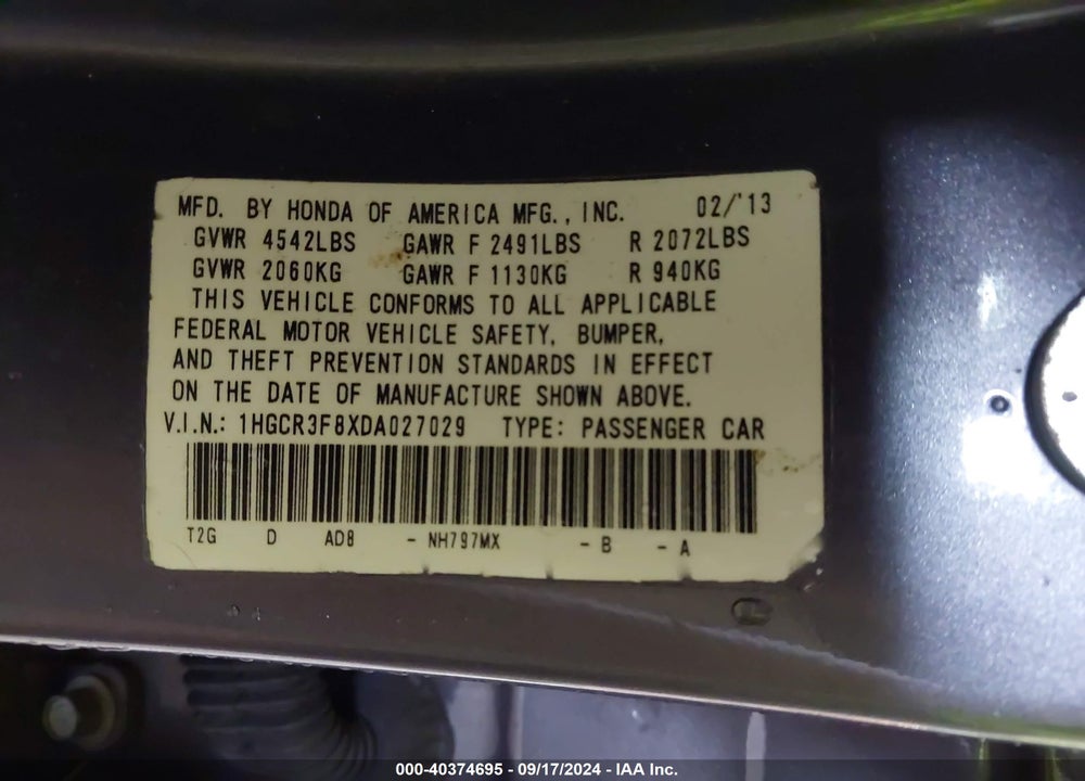 2013 HONDA ACCORD EX-L V-6 VIN: 1HGCR3F8XDA027029