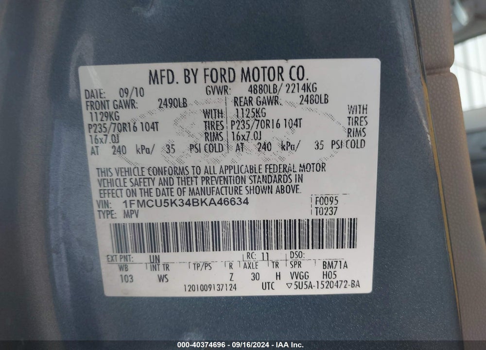2011 FORD ESCAPE HYBRID VIN: 1FMCU5K34BKA46634