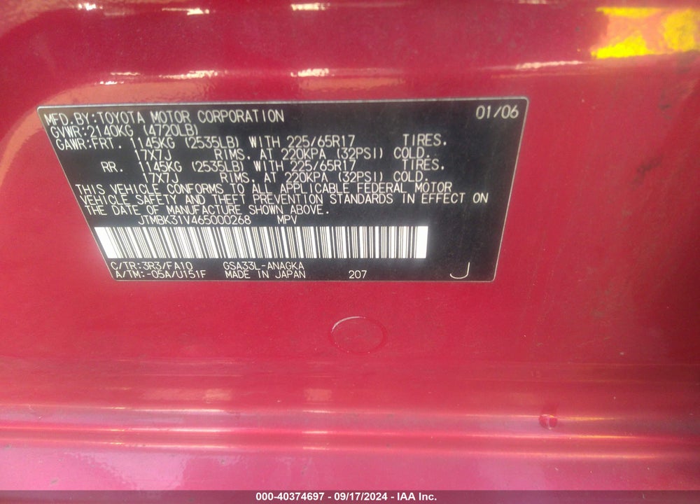 2006 TOYOTA RAV4 VIN: JTMBK31V465000268