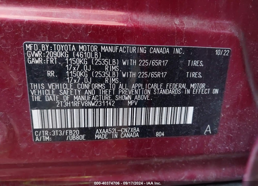 2022 TOYOTA RAV4 LE VIN: 2T3H1RFV8NW231142