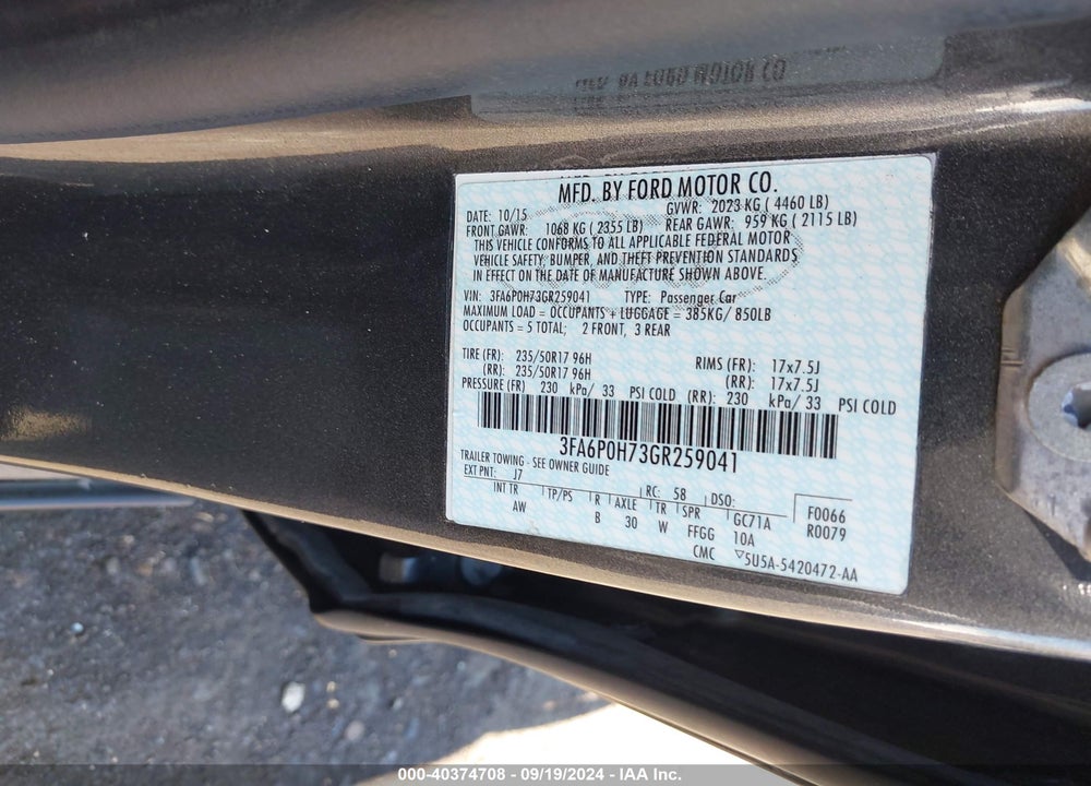 2016 FORD FUSION SE VIN: 3FA6P0H73GR259041