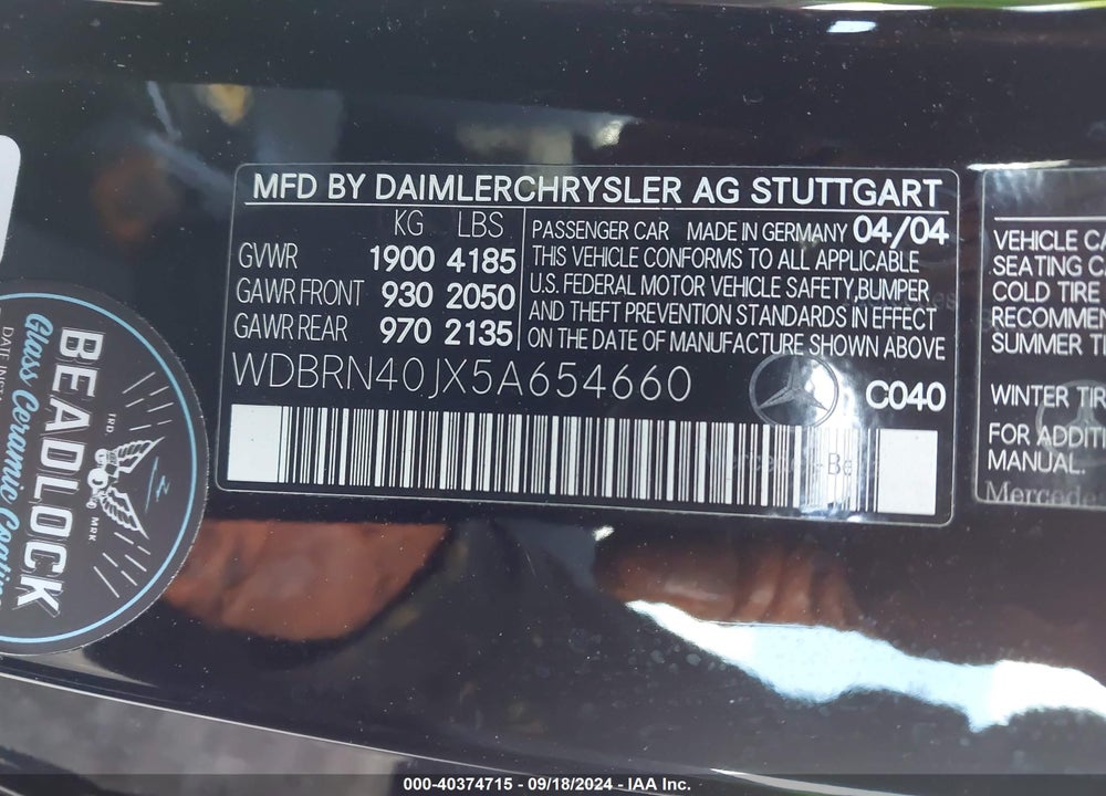 2005 MERCEDES-BENZ C 230 KOMPRESSOR SPORT VIN: WDBRN40JX5A654660