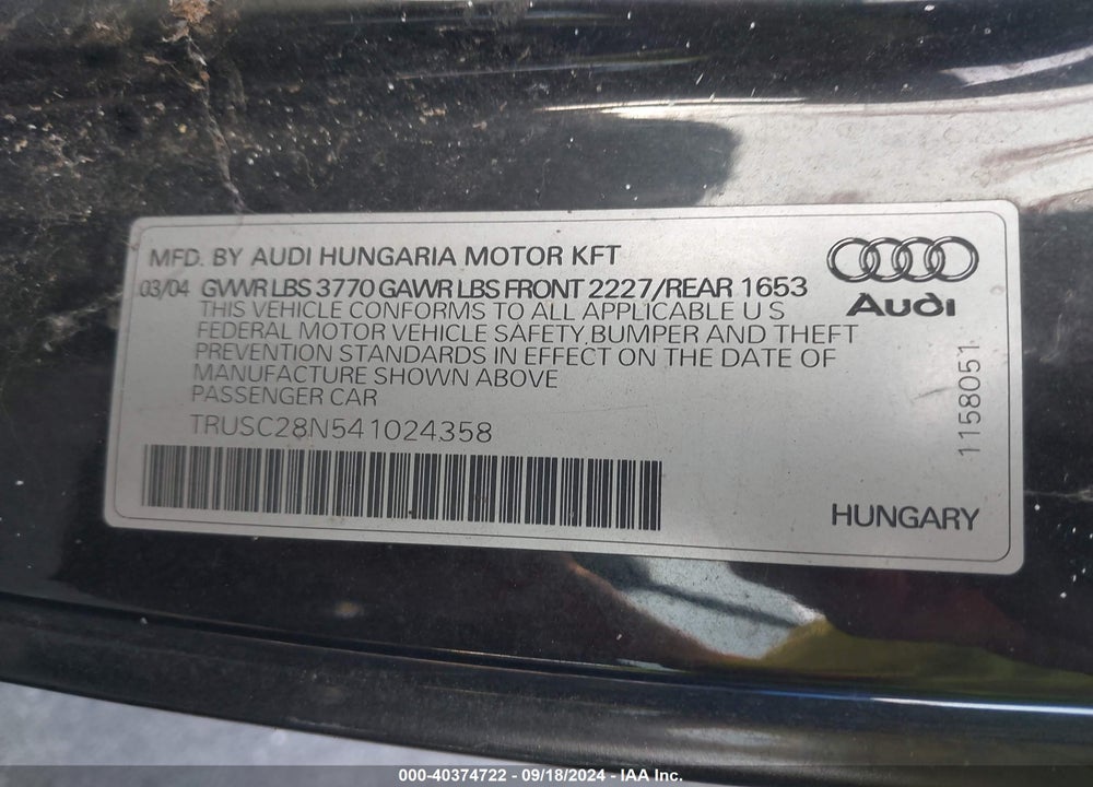2004 AUDI TT 1.8L VIN: TRUSC28N541024358