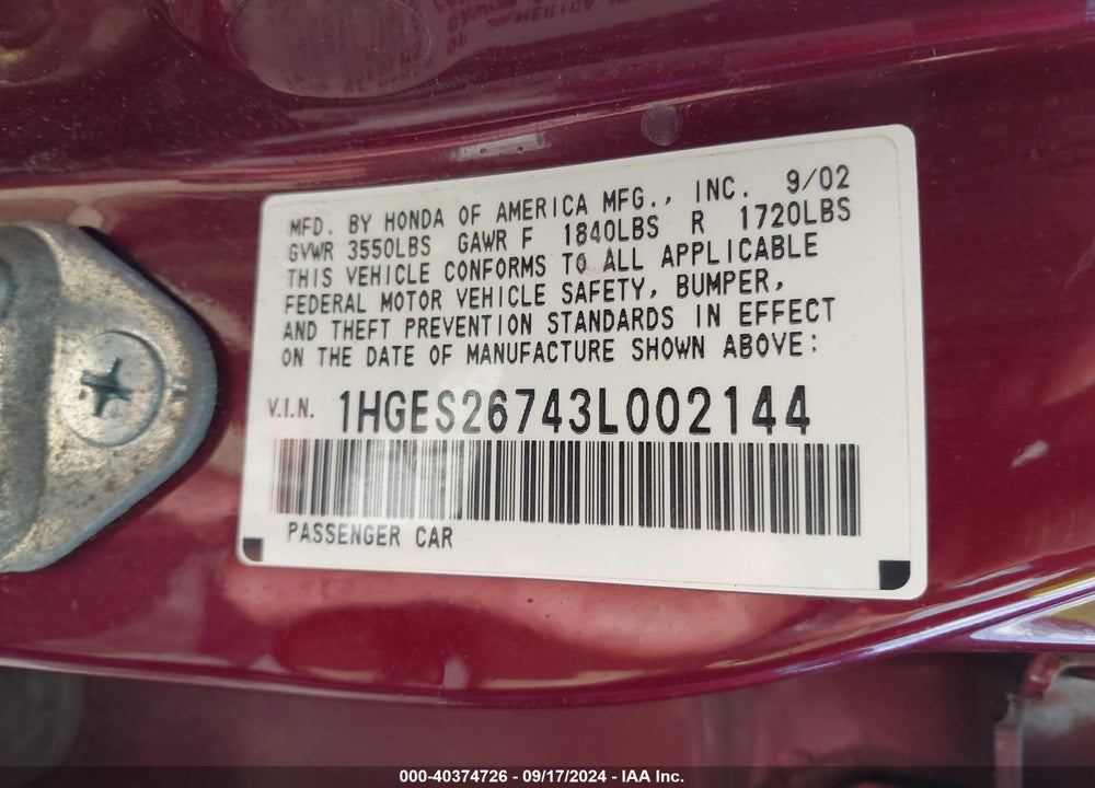 2003 HONDA CIVIC EX VIN: 1HGES26743L002144