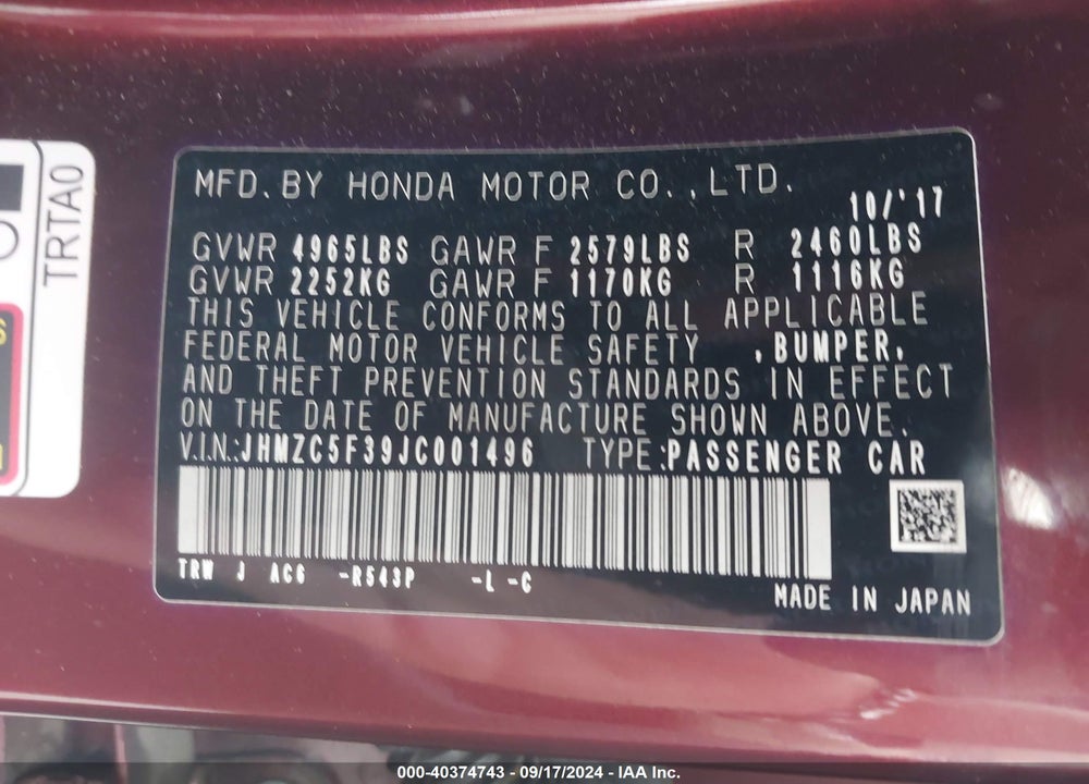 2018 HONDA CLARITY PLUG-IN HYBRID TOURING VIN: JHMZC5F39JC001496