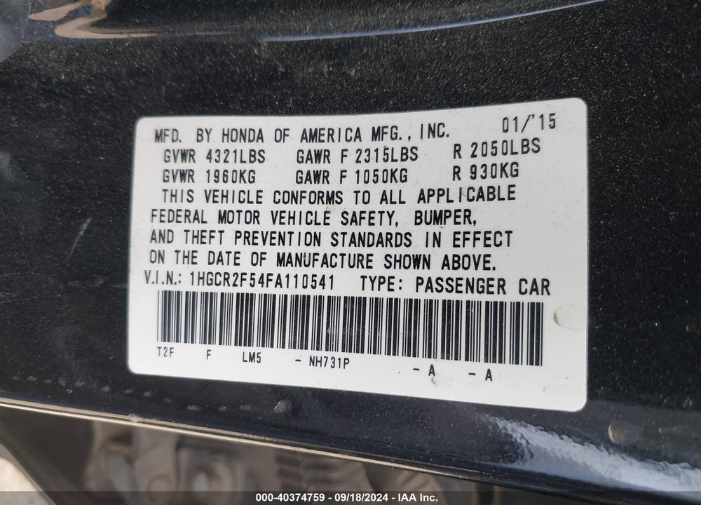 2015 HONDA ACCORD SPORT VIN: 1HGCR2F54FA110541