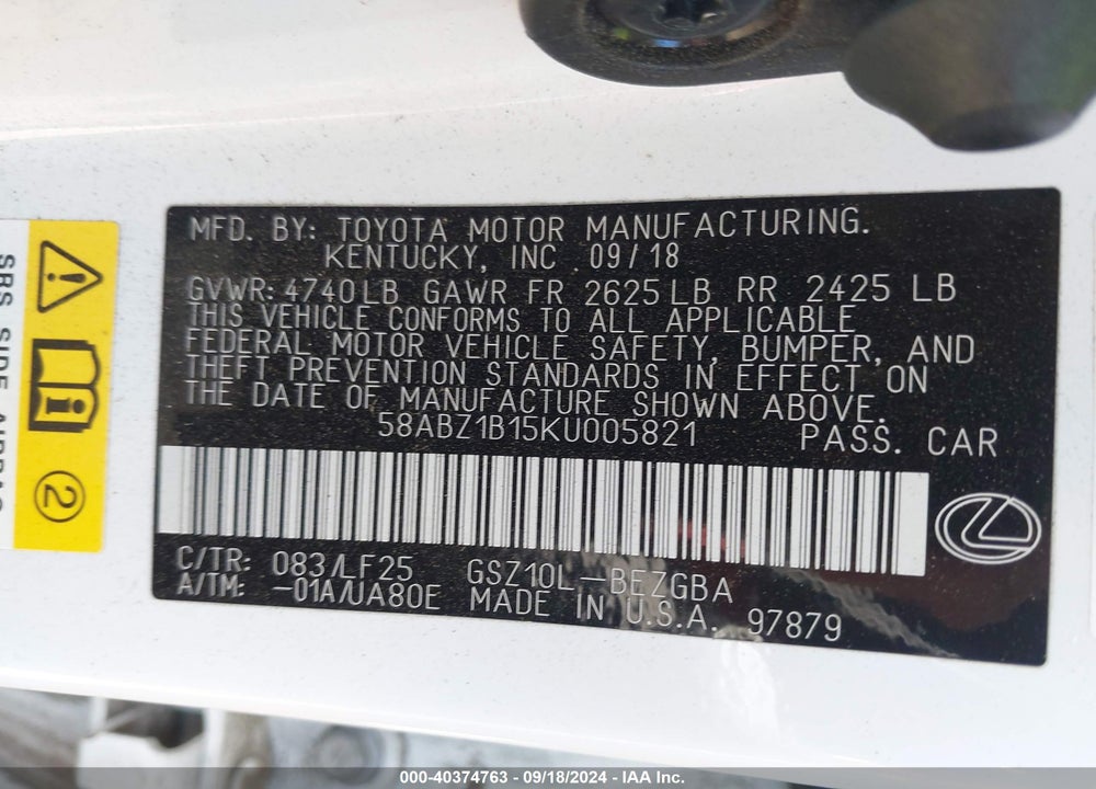 2019 LEXUS ES 350 F-SPORT VIN: 58ABZ1B15KU005821