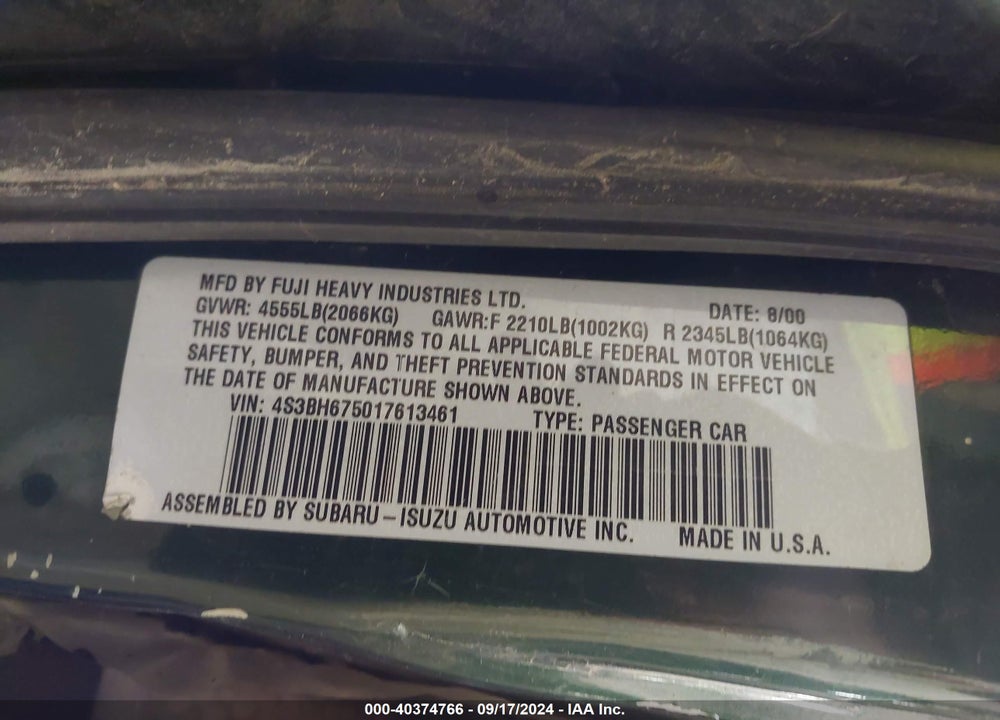 2001 SUBARU OUTBACK VIN: 4S3BH675017613461