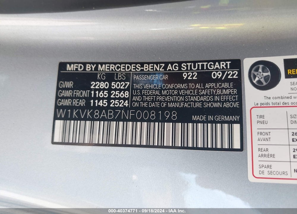 2022 MERCEDES-BENZ AMG SL 55 4MATIC VIN: W1KVK8AB7NF008198