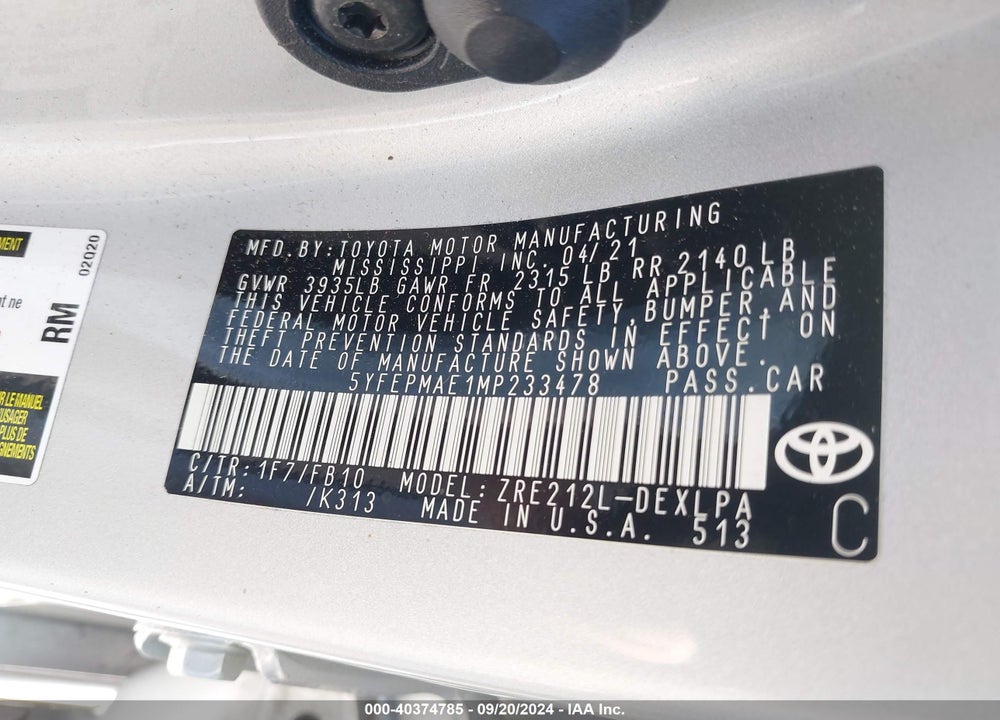 2021 TOYOTA COROLLA LE VIN: 5YFEPMAE1MP233478