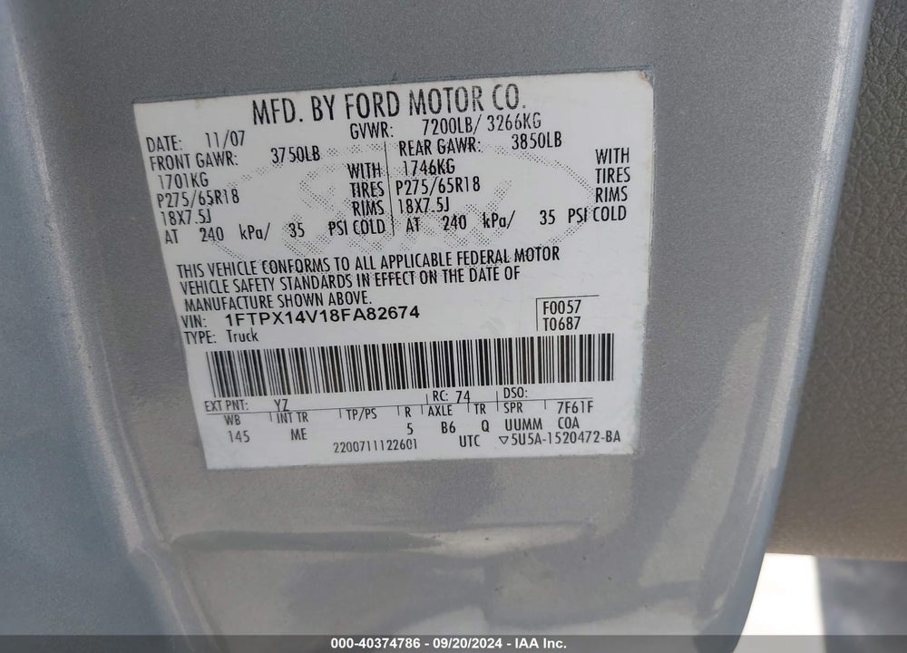 2008 FORD F-150 FX4/LARIAT/XL/XLT VIN: 1FTPX14V18FA82674