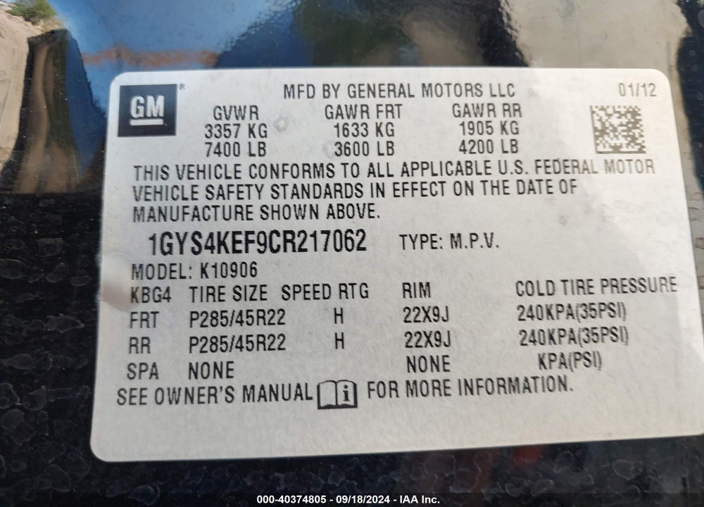 2012 CADILLAC ESCALADE ESV PLATINUM EDITION VIN: 1GYS4KEF9CR217062