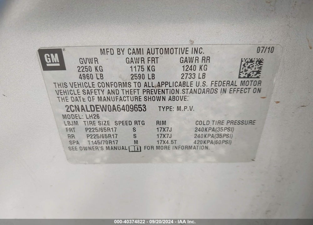 2010 CHEVROLET EQUINOX LT VIN: 2CNALDEW0A6409653
