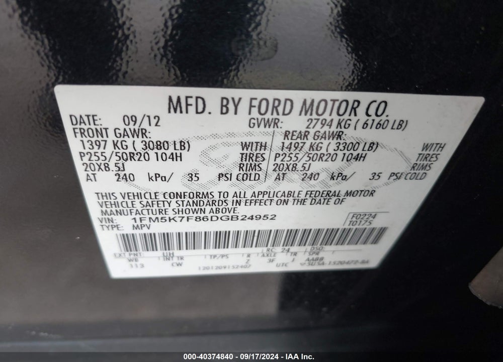 2013 FORD EXPLORER LIMITED VIN: 1FM5K7F86DGB24952