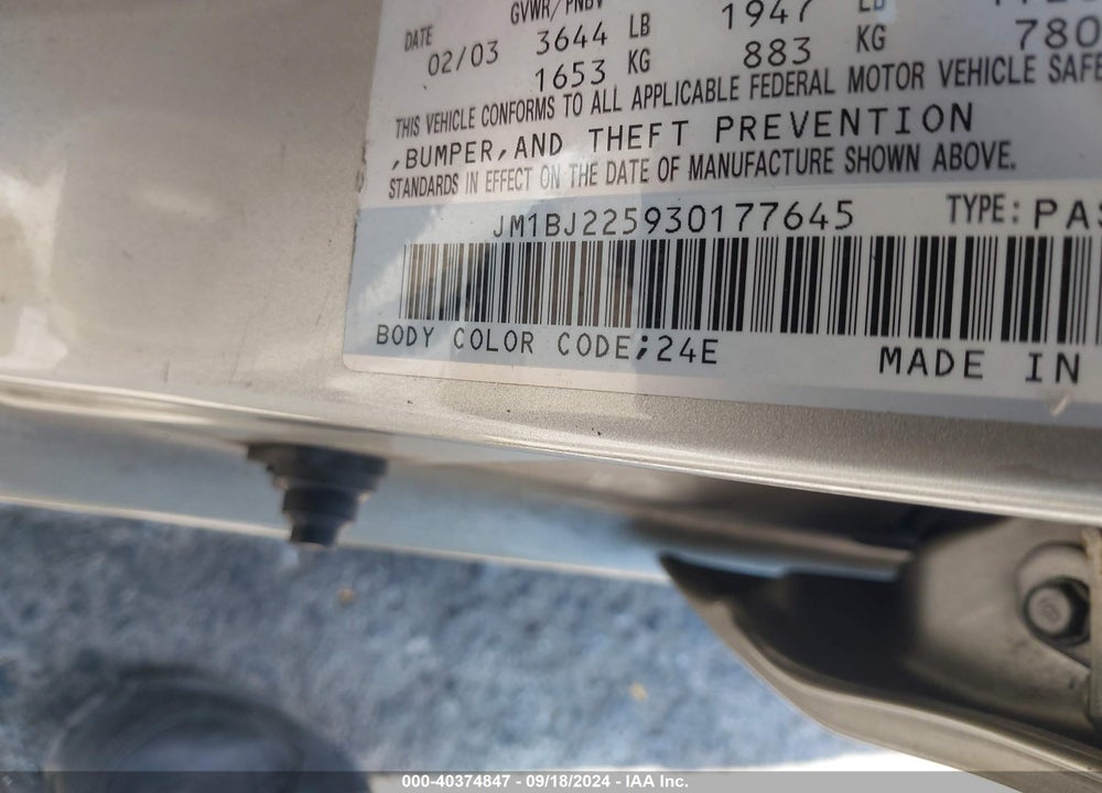 2003 MAZDA PROTEGE DX/ES/LX VIN: JM1BJ225930177645