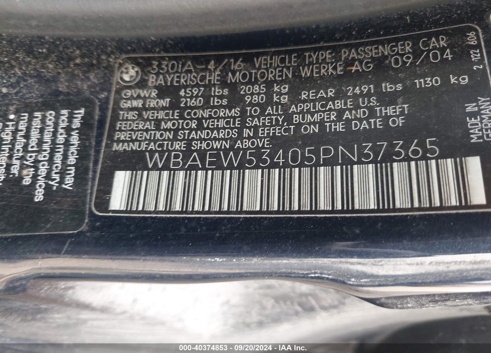 2005 BMW 330XI VIN: WBAEW53405PN37365