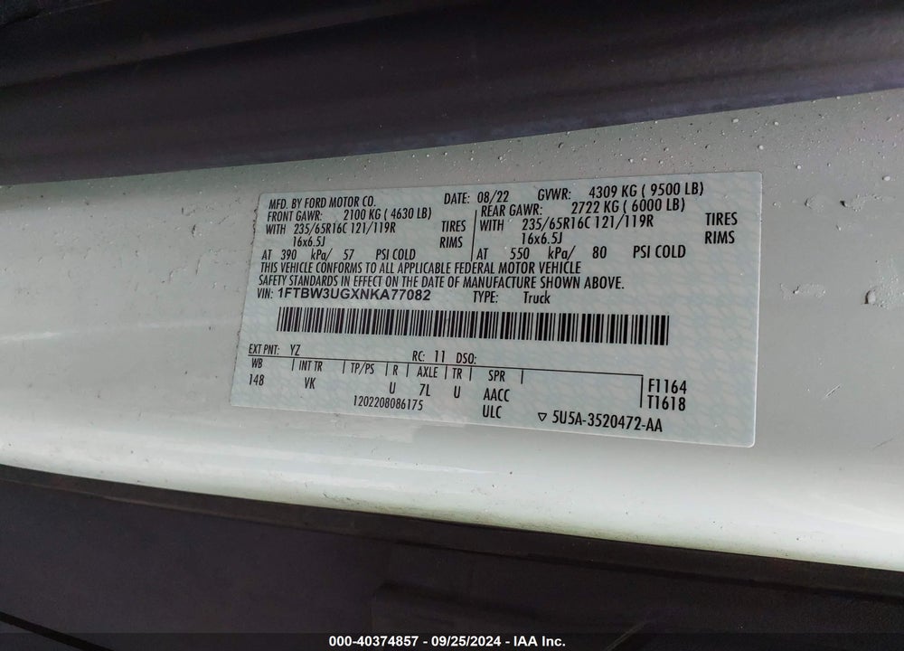2022 FORD TRANSIT-350 CARGO VAN VIN: 1FTBW3UGXNKA77082