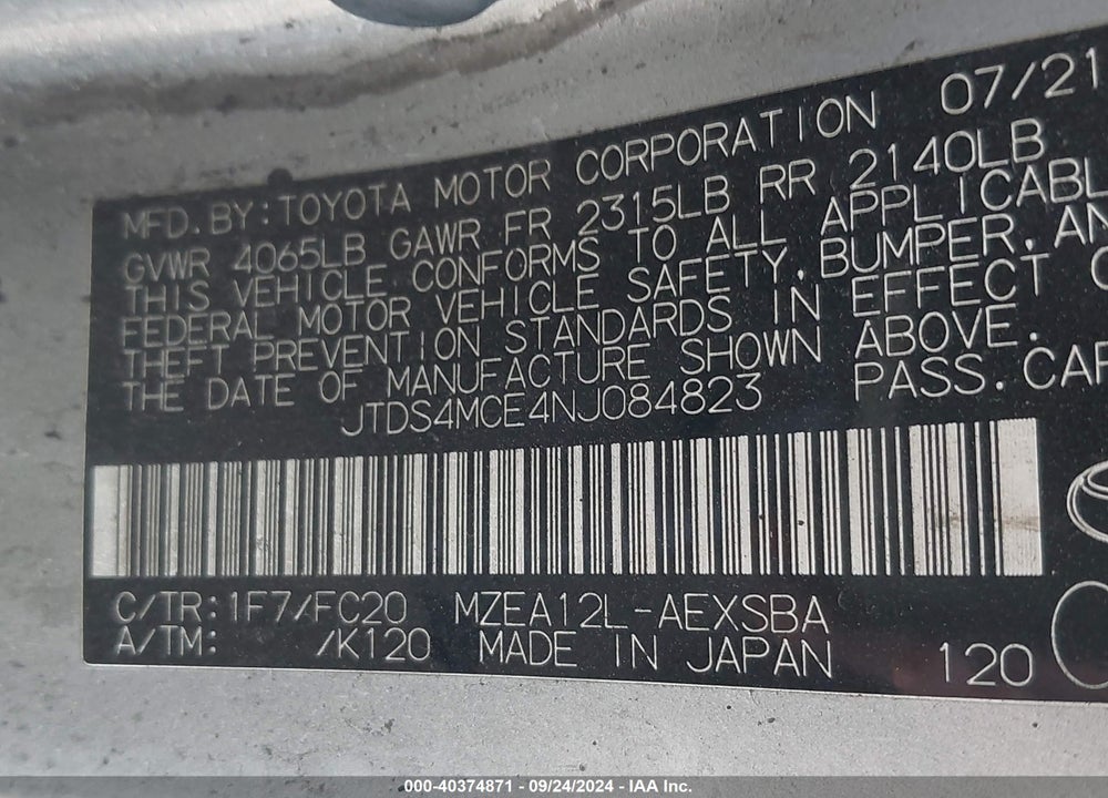 2022 TOYOTA COROLLA SE VIN: JTDS4MCE4NJ084823