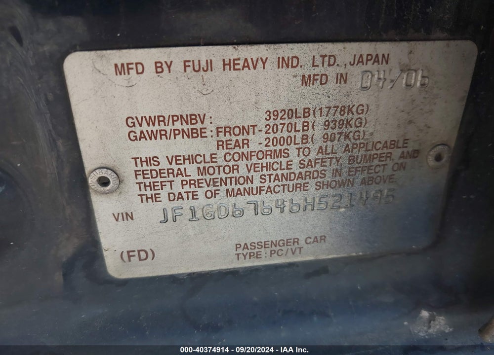 2006 SUBARU IMPREZA 2.5I VIN: JF1GD67646H521495