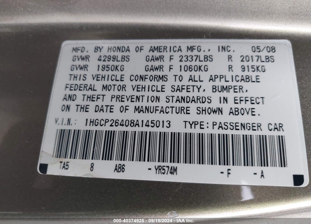 2008 HONDA ACCORD 2.4 LX-P VIN: 1HGCP26408A145013