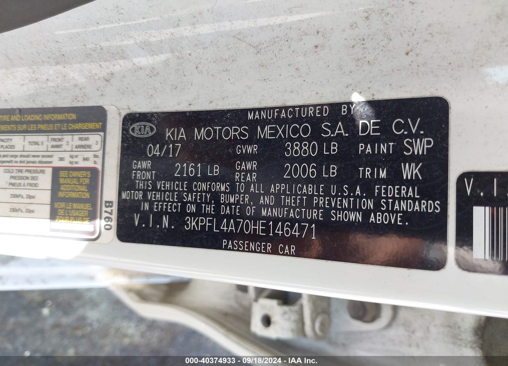 2017 KIA FORTE LX VIN: 3KPFL4A70HE146471