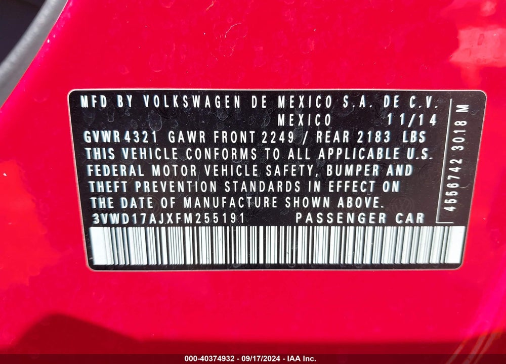 2015 VOLKSWAGEN JETTA 1.8T SE VIN: 3VWD17AJXFM255191