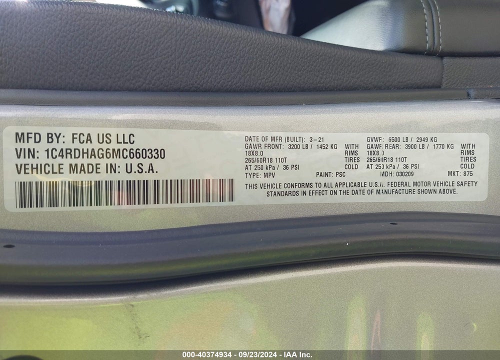 2021 DODGE DURANGO SXT PLUS RWD VIN: 1C4RDHAG6MC660330