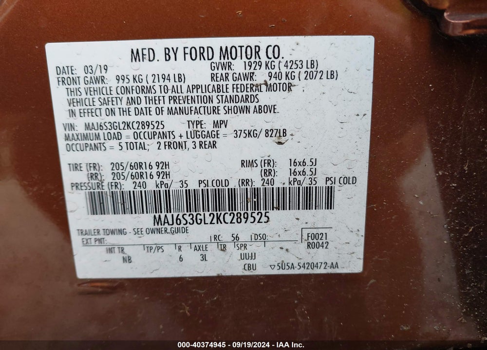 2019 FORD ECOSPORT SE VIN: MAJ6S3GL2KC289525