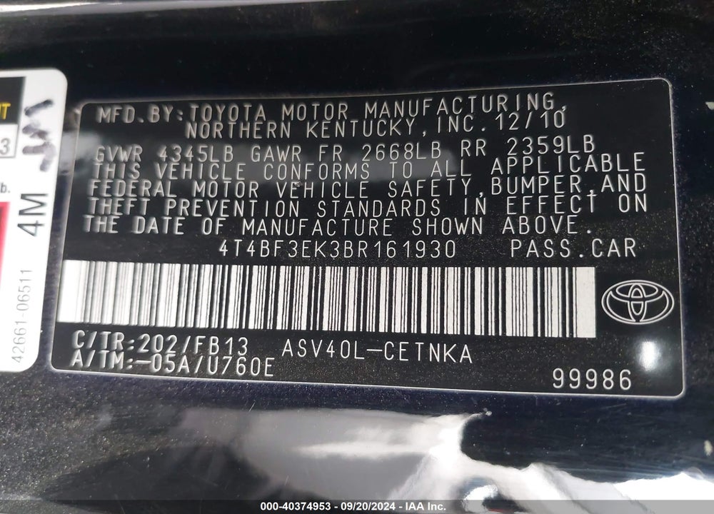 2011 TOYOTA CAMRY LE VIN: 4T4BF3EK3BR161930