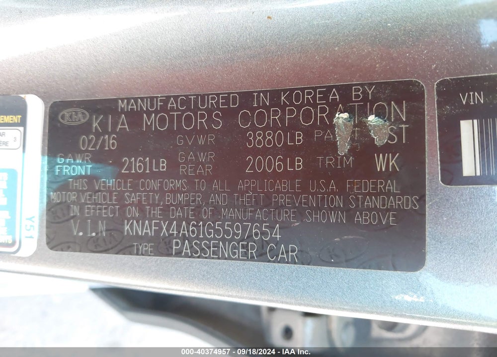 2016 KIA FORTE LX VIN: KNAFX4A61G5597654