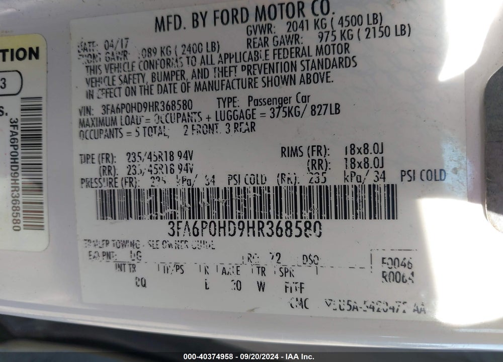2017 FORD FUSION SE VIN: 3FA6P0HD9HR368580