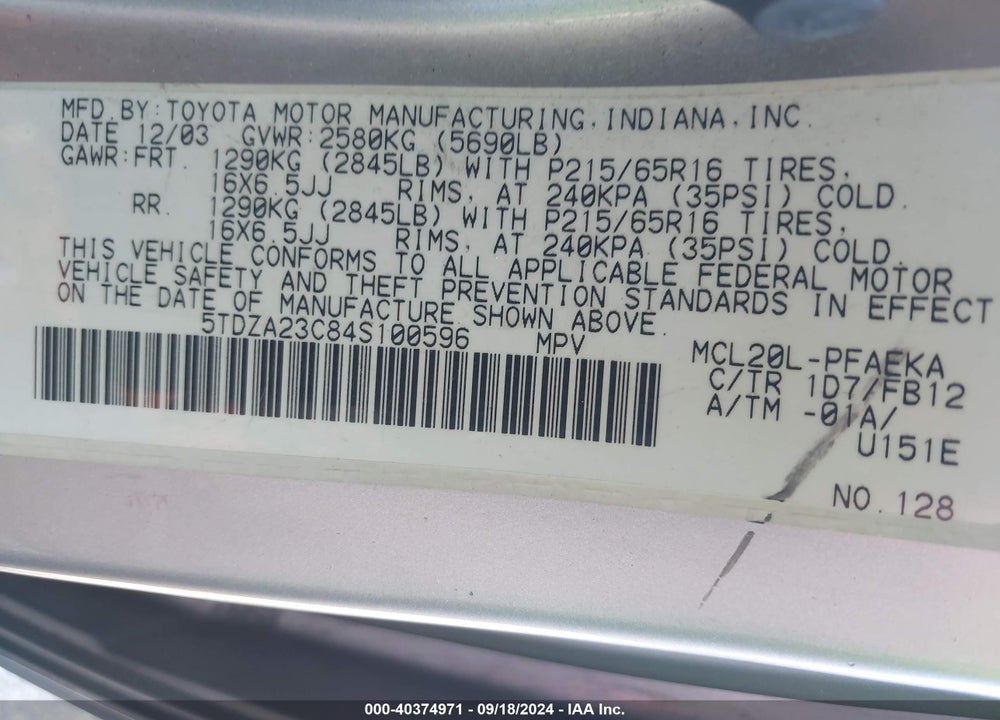 2004 TOYOTA SIENNA LE VIN: 5TDZA23C84S100596