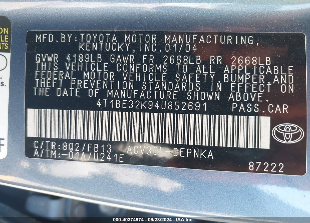 2004 TOYOTA CAMRY LE VIN: 4T1BE32K94U852691