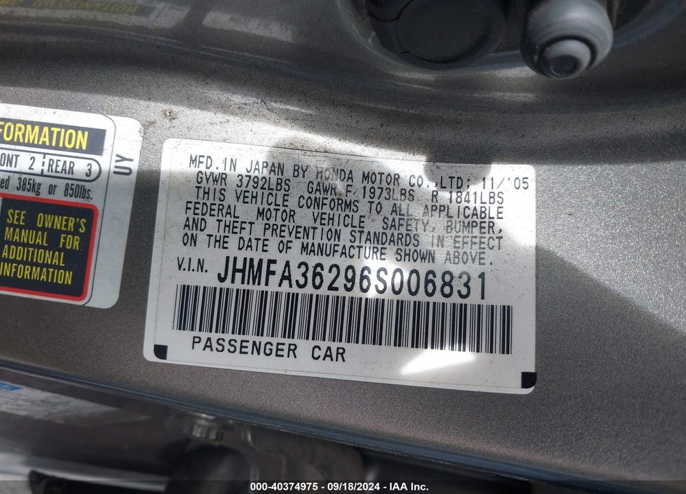 2006 HONDA CIVIC HYBRID VIN: JHMFA36296S006831