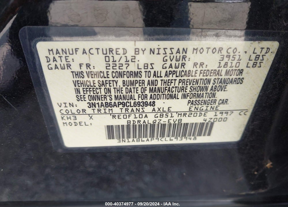 2012 NISSAN SENTRA 2.0/2.0 S/2.0 SL/2.0 SR VIN: 3N1AB6AP9CL693948