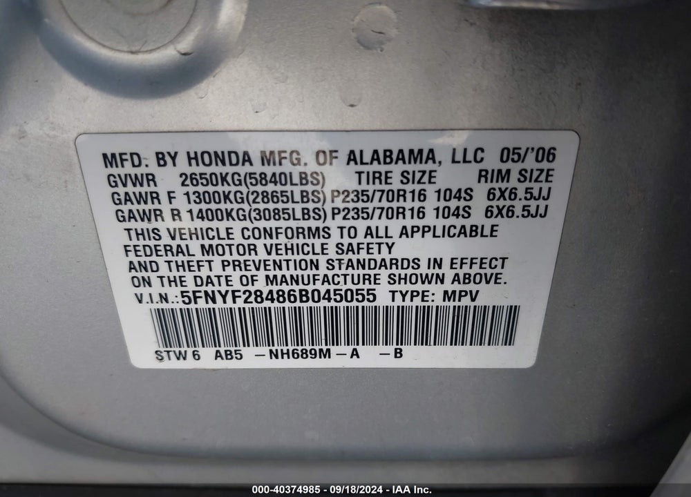 2006 HONDA PILOT EX VIN: 5FNYF28486B045055