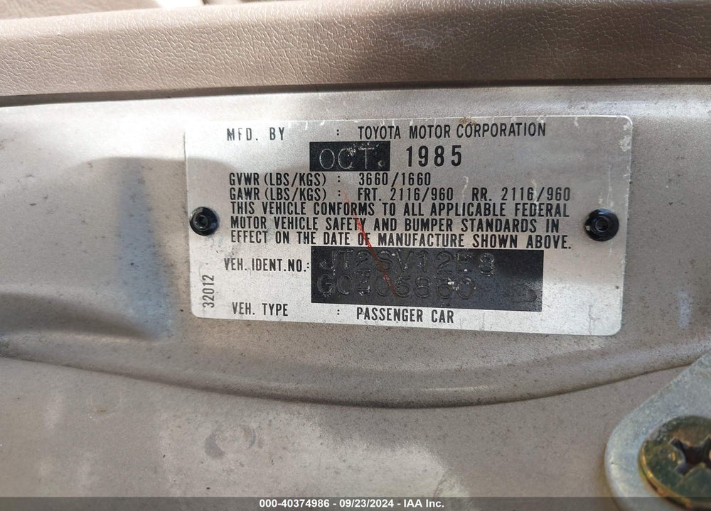 1986 TOYOTA CAMRY DLX VIN: JT2SV12E8G0405860