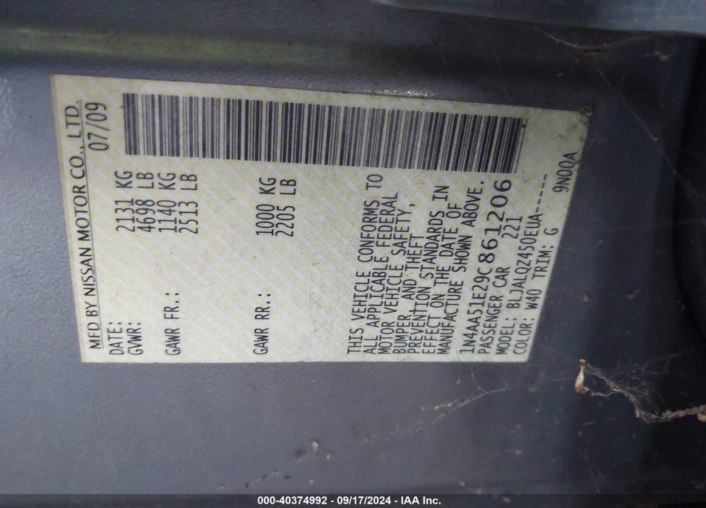 2009 NISSAN MAXIMA 3.5 S VIN: 1N4AA51E29C861206