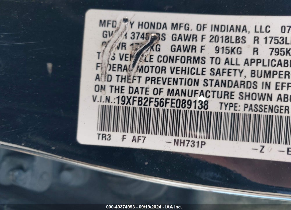 2015 HONDA CIVIC LX VIN: 19XFB2F56FE089138