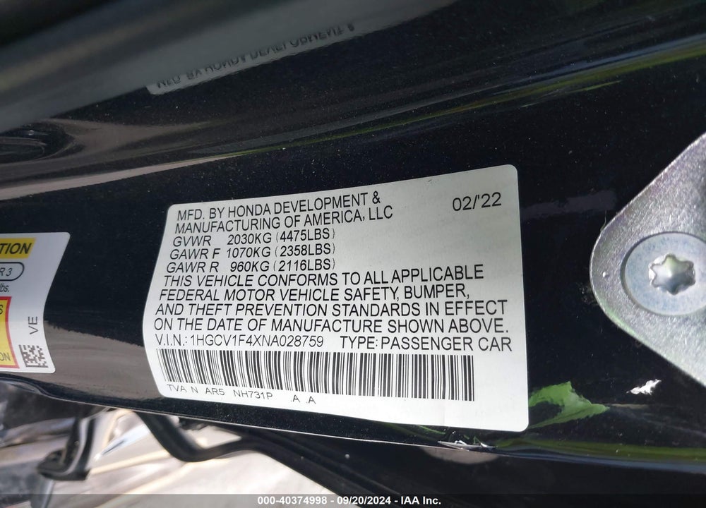 2022 HONDA ACCORD SPORT SPECIAL EDITION VIN: 1HGCV1F4XNA028759