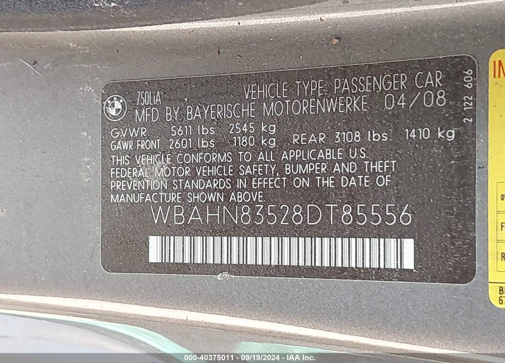 2008 BMW 750LI VIN: WBAHN83528DT85556