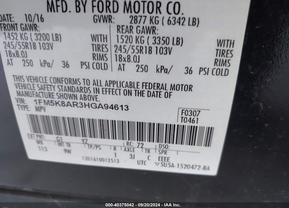 2017 FORD UTILITY POLICE INTERCEPTOR VIN: 1FM5K8AR3HGA94613