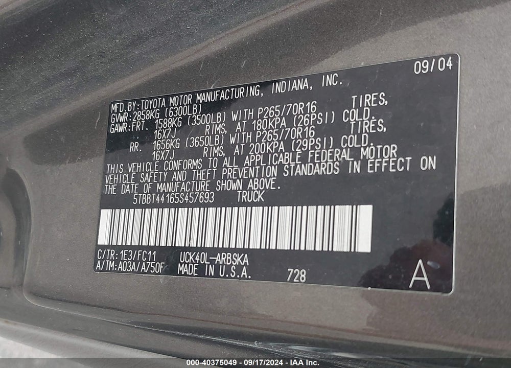 2005 TOYOTA TUNDRA SR5 V8 VIN: 5TBBT44165S457693