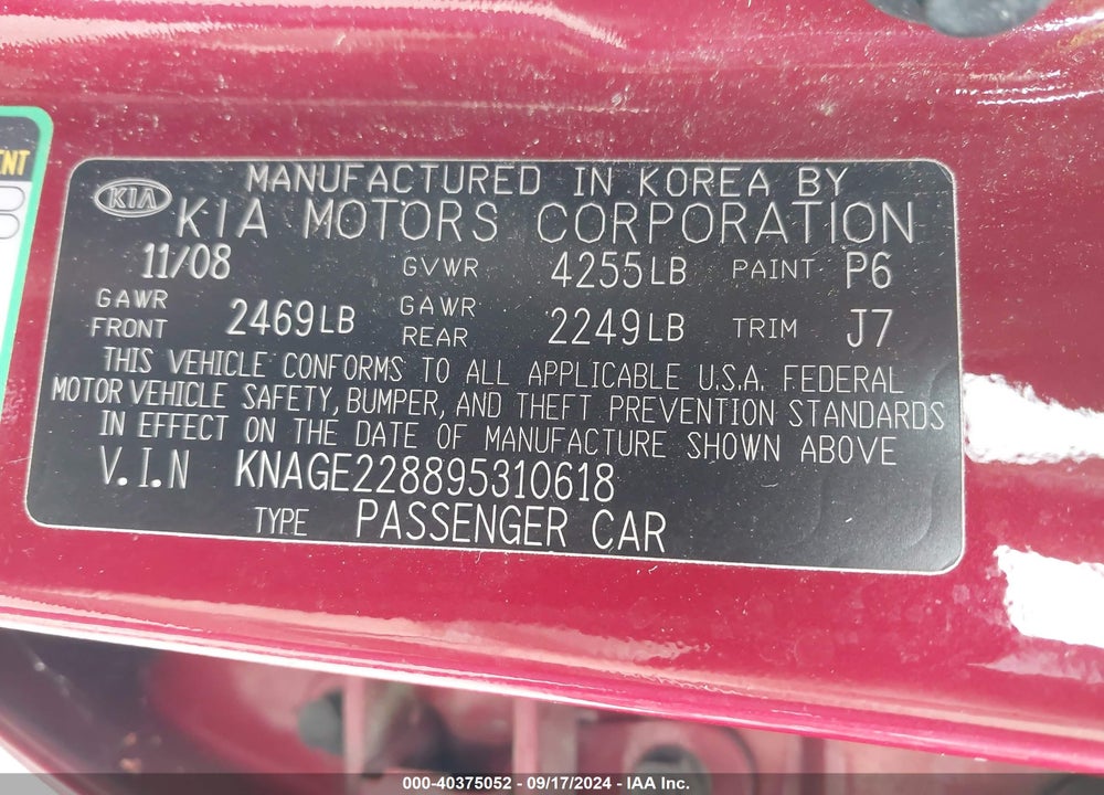 2009 KIA OPTIMA LX VIN: KNAGE228895310618
