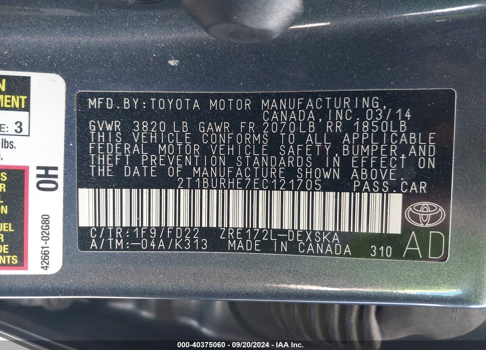 2014 TOYOTA COROLLA S PLUS VIN: 2T1BURHE7EC121705