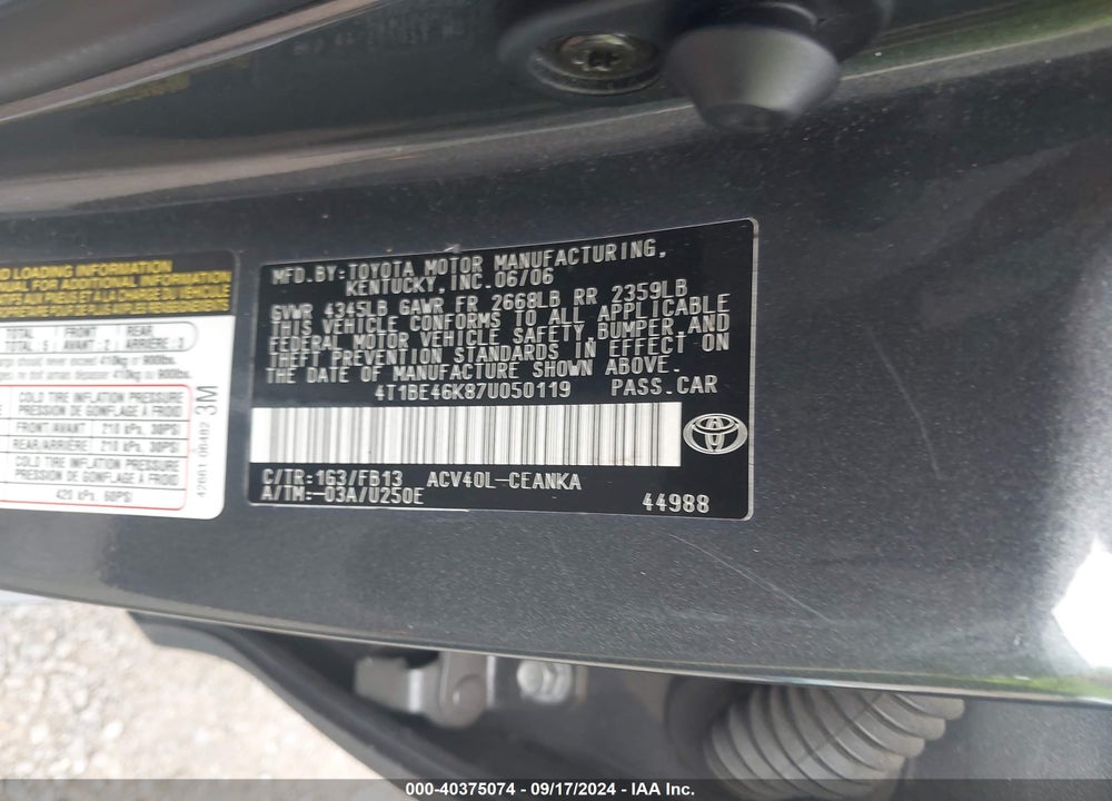 2007 TOYOTA CAMRY LE VIN: 4T1BE46K87U050119