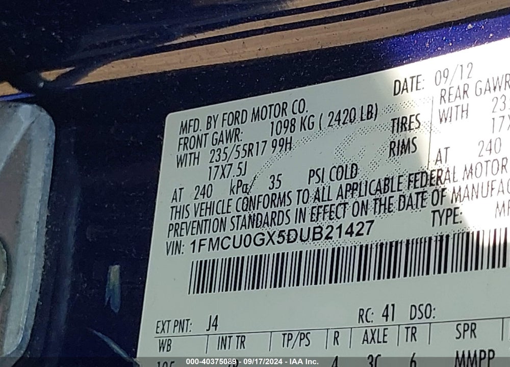 2013 FORD ESCAPE SE VIN: 1FMCU0GX5DUB21427