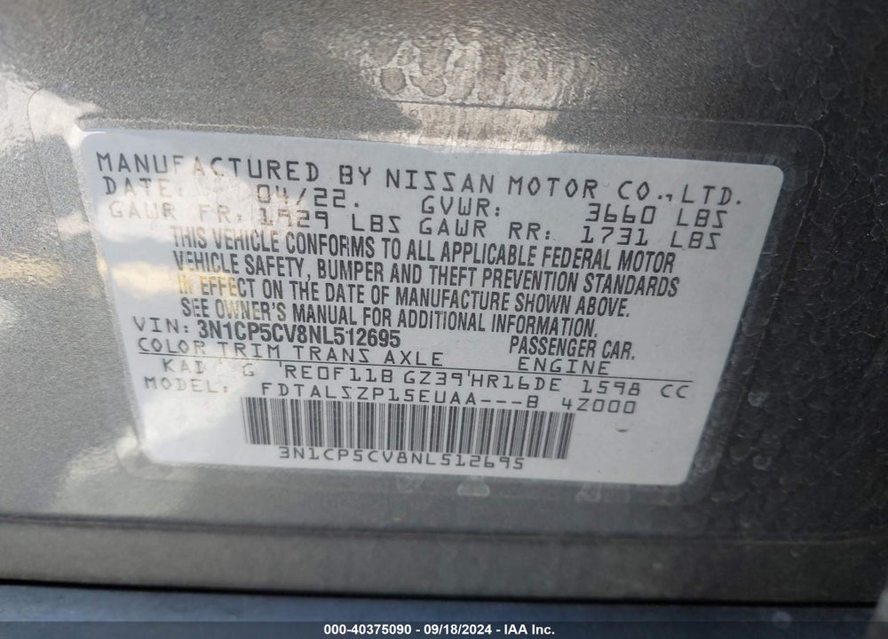 2022 NISSAN KICKS SV XTRONIC CVT VIN: 3N1CP5CV8NL512695